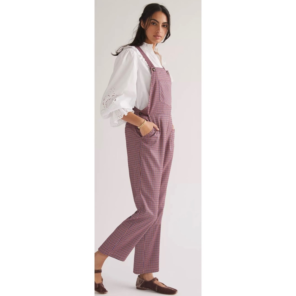 NWT Anthropologie FRNCH Pink Purple Paris Plaid Tapered Jumpsuit Overalls - Picture 2 of 12